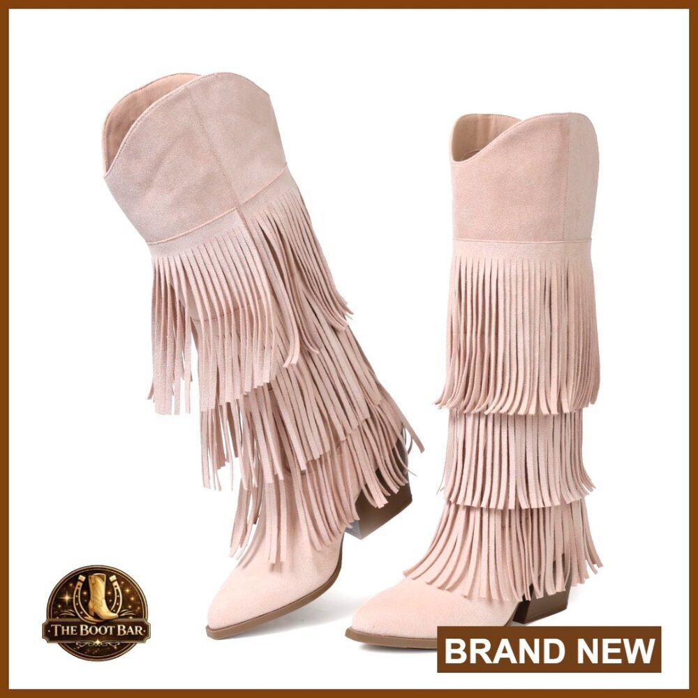 Women's Western Cowgirl Boots Mid-Calf Block Heel Pull-On Fringe